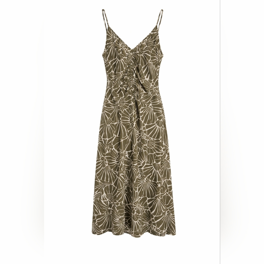 LOFT Green & Ivory Leaf Print Ruched Midi Dress | Size M